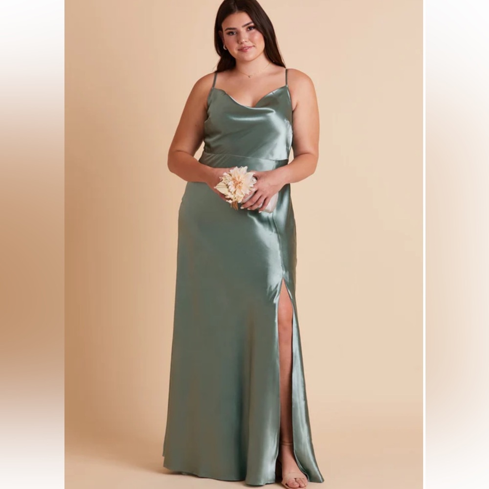 Birdy Grey Lisa Long Dress Satin Sea Glass green cowl neck slip dress slit 2X